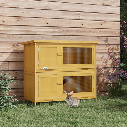 PawHut Double Decker Rabbit Hutch 2 Tier Guinea Pig House Pet Cage Outdoor with Sliding-out Tray, 97 x 44 x 91cm, Yellow