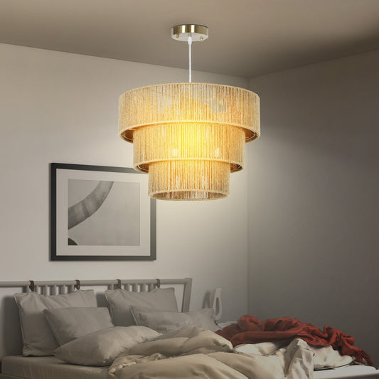 HOMCOM Lampa sufitowa z liny konopnej, 3-warstwowa lampa wisząca Boho, oprawy sufitowe E14 Vintage do salonu, sypialni, kuchni, korytarza, jasnobrązowe