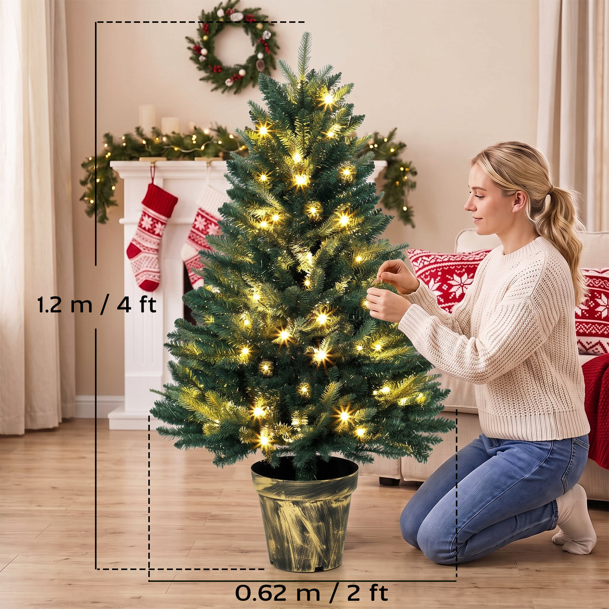 HOMCOM Realistic Xmas Tree, 4ft Prelit Artificial Christmas Tree with 80 Lights, Green
