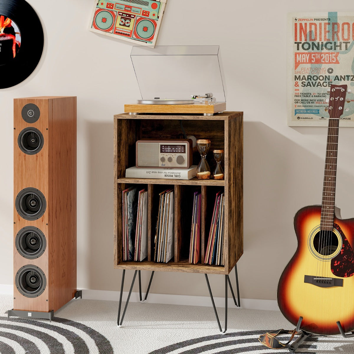 3-Tier Record Player Stand with Charging Station Shelf and 4 Dividers-Rustic Brown