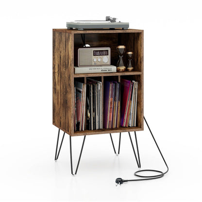 3-Tier Record Player Stand with Charging Station Shelf and 4 Dividers-Rustic Brown
