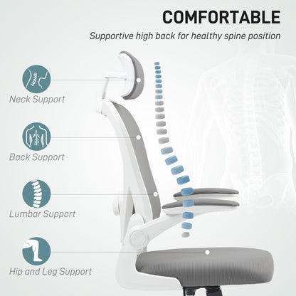Fotel biurowy HOMCOM Executive, ergonomiczny fotel biurowy z wysokim oparciem i siatką, podnoszonymi podłokietnikami, obrotowym zagłówkiem, regulowanym podparciem lędźwiowym, obrotowy fotel komputerowy do nauki w domu, szary