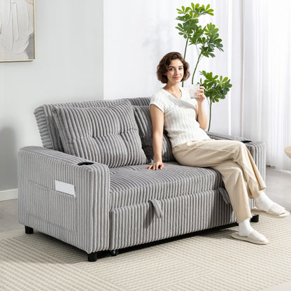 HOMCOM 2 Seater Click Clack Sofa Bed with Pull Out Design, Corduroy Upholstery - Light Grey