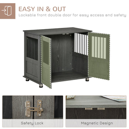 PawHut Dog Crate Furniture, Wooden End Table Furniture with Cushion & Lockable Magnetic Doors, Small Size Pet Kennel Indoor Animal Cage, Grey