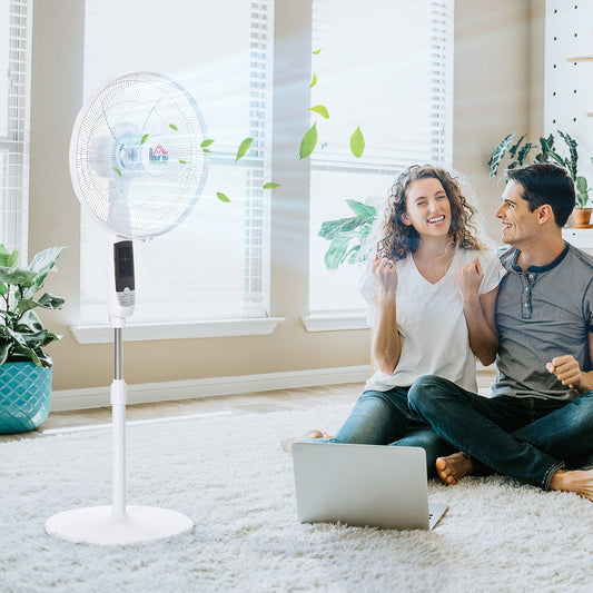 HOMCOM 16'' Pedestal Stand Fan, 3 Speed 3 Mode, 85 Oscillation, LED Panel, 3M Remote Controller, Height Adjustable for Living Room, Bedroom, Garage, Office, Black and White
