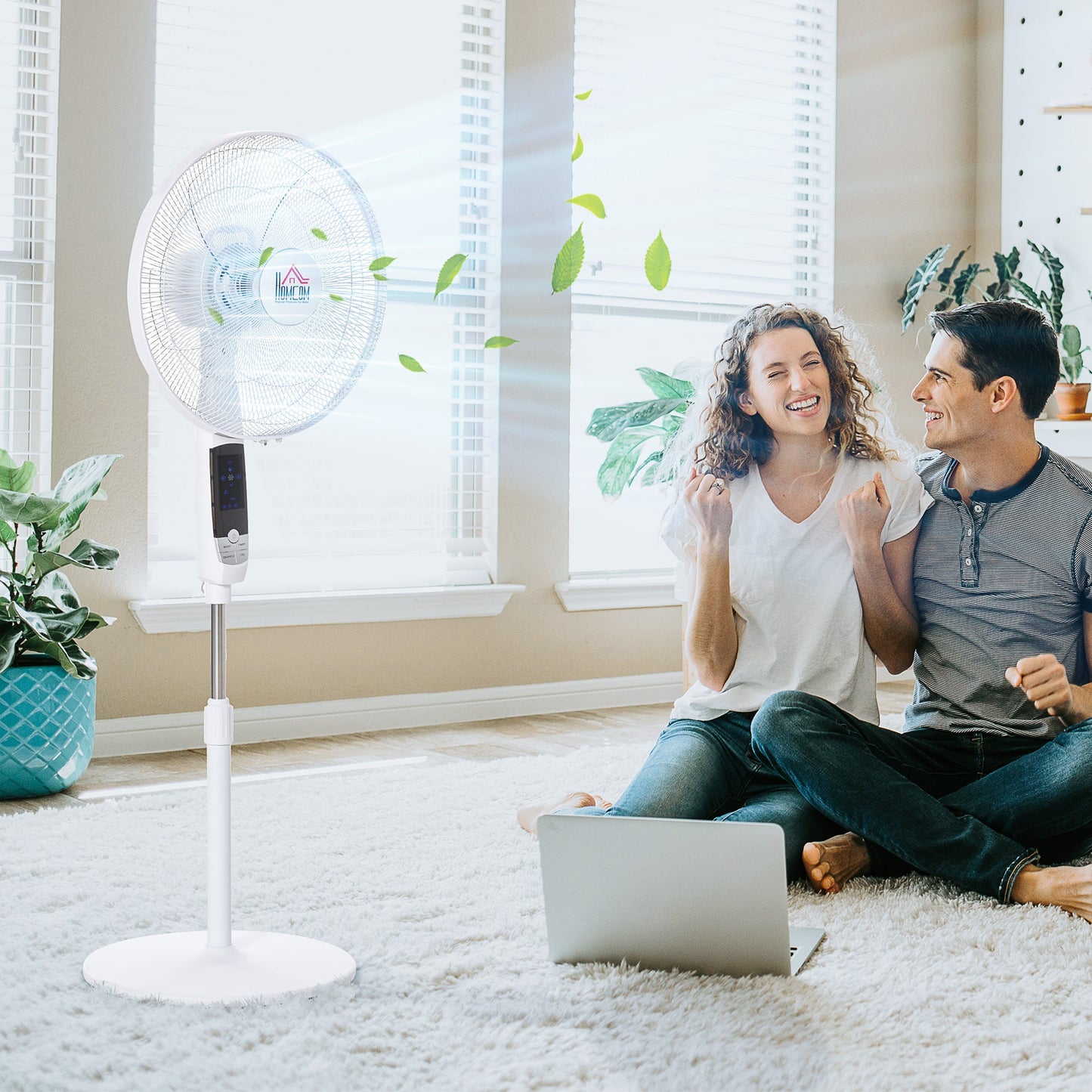 HOMCOM 16'' Pedestal Stand Fan, 3 Speed 3 Mode, 85Â° Oscillation, LED Panel, 3M Remote Controller, Height Adjustable for Living Room, Bedroom, Garage, Office, Black and White