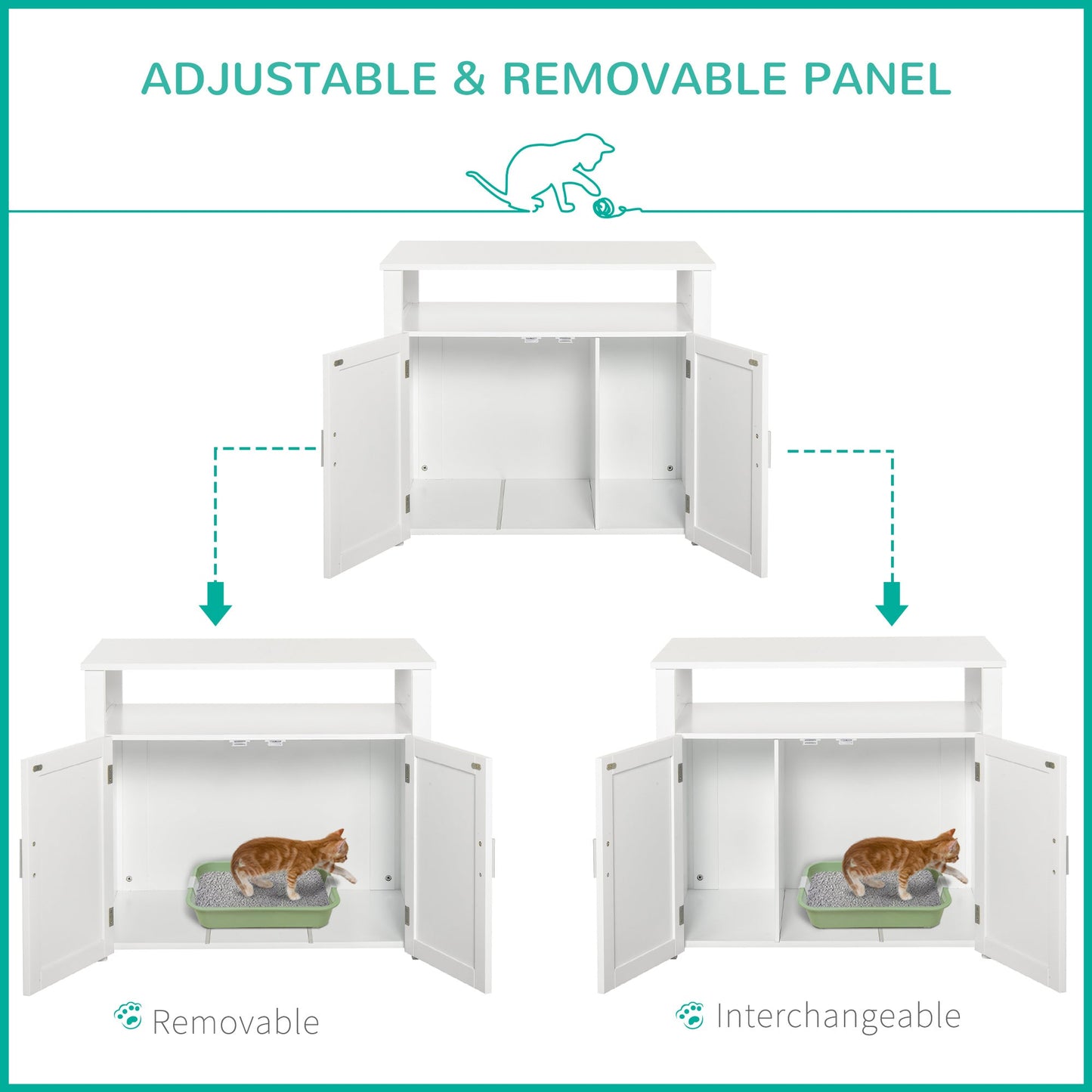 PawHut Wooden Cat Litter Box Enclosure Furniture with Adjustable Interior Wall & Large Tabletop for Nightstand, White