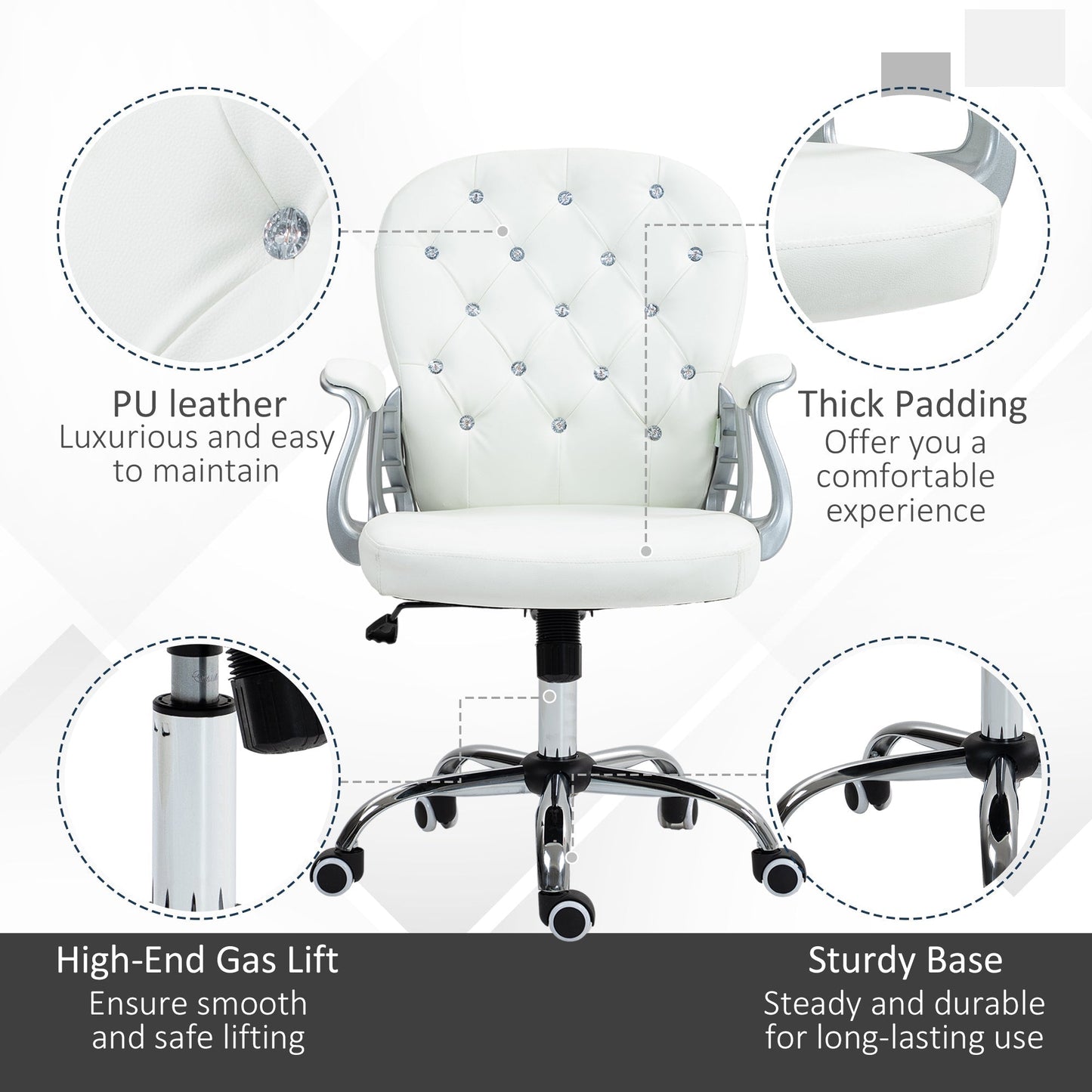 Vinsetto Office Chair Ergonomic 360  Swivel PU Diamante Padded Base 5 Castor Wheels for Home Work White