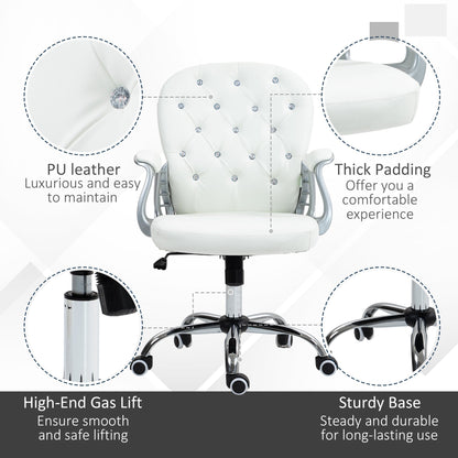 Vinsetto Office Chair Ergonomic 360  Swivel PU Diamante Padded Base 5 Castor Wheels for Home Work White