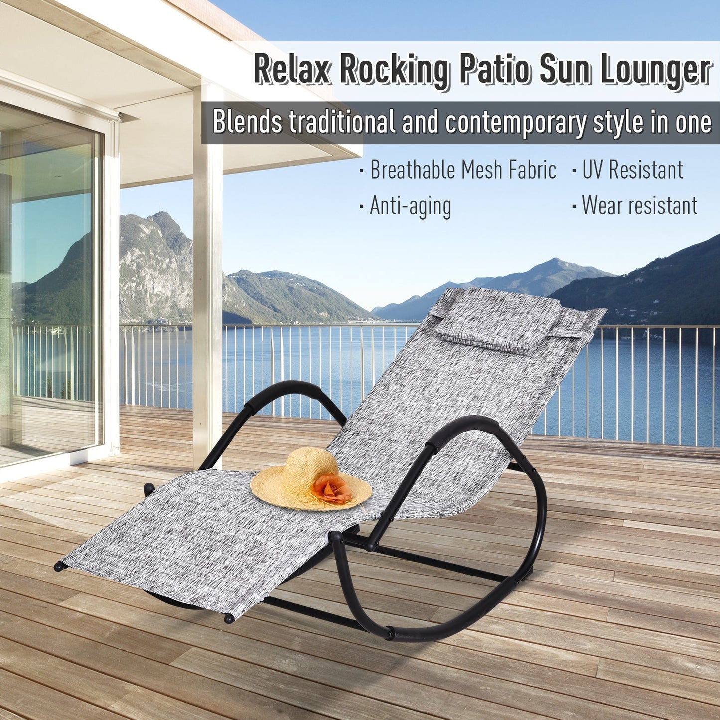 Outsunny Patio Rocking Lounge Chair Texteline Zero Gravity Rocker Outdoor Patio Garden Recliner Seat w/ Padded Pillow - Grey