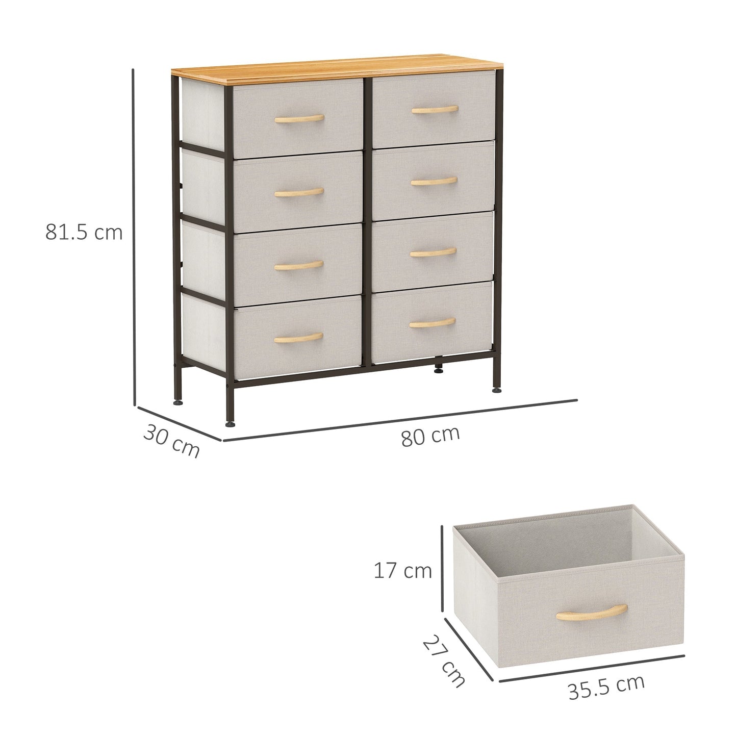 HOMCOM Fabric Chest of Drawers, Industrial Bedroom Dresser with 8 Fabric Drawers, Steel Frame and Wooden Top for Nursery, Living Room, Hallway, Cream White