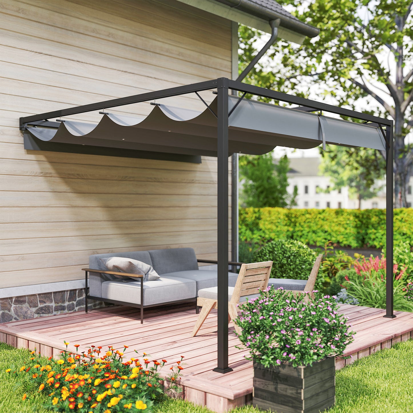 Outsunny 3 x 3(m) Pergola zewnętrzna z chowanym daszkiem - szara