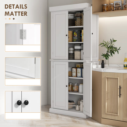 HOMCOM Freestanding Kitchen Cupboard with 4 Doors, Storage Cabinet with 6-Tier Shelving and 4 Adjustable Shelves, White