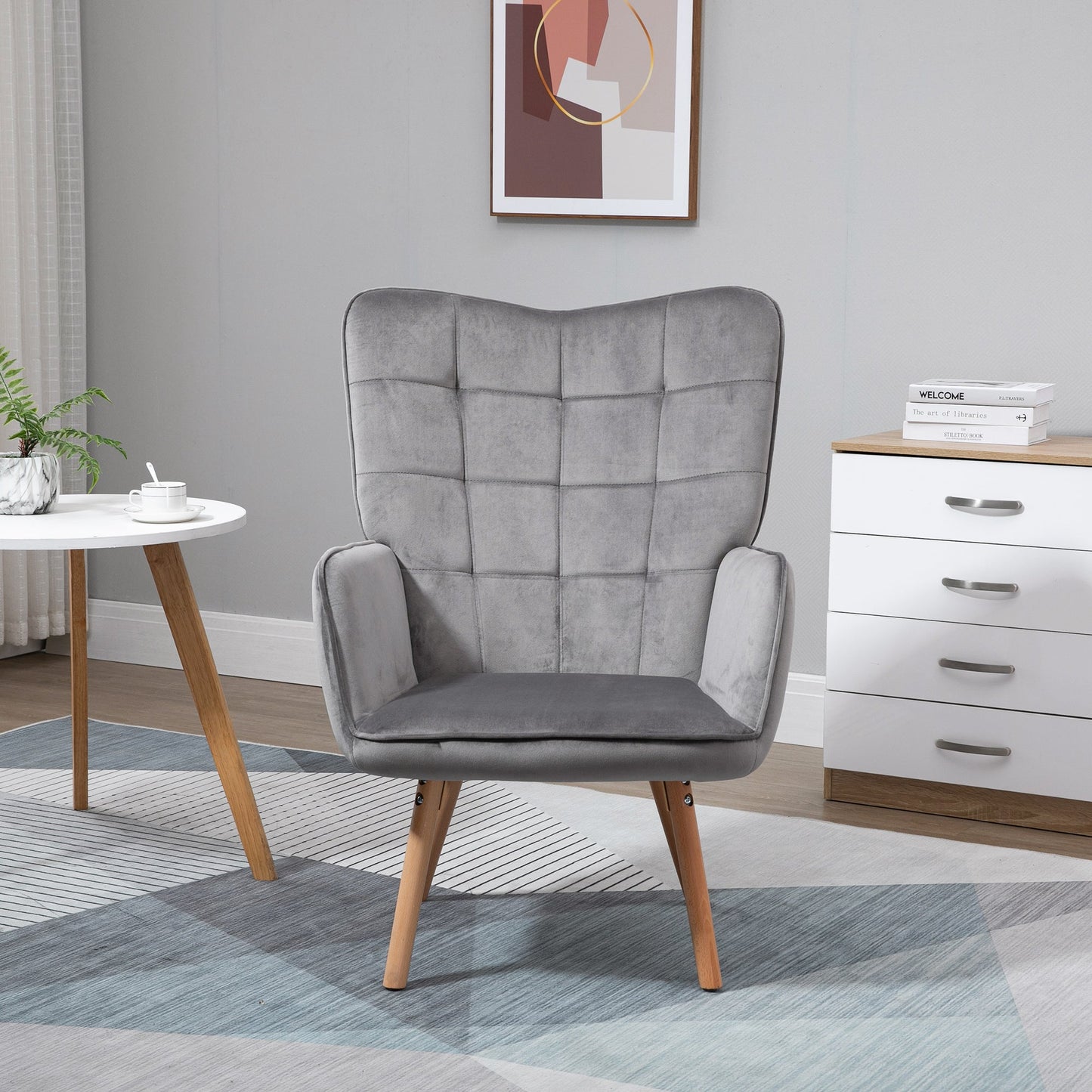 كرسي HOMCOM Modern Accent Chair بذراعين مبطن بمخمل ملمس مخملي مع مسند ظهر مجنح، كرسي صالة ترفيهي مبطن بأرجل خشبية، باللون الرمادي
