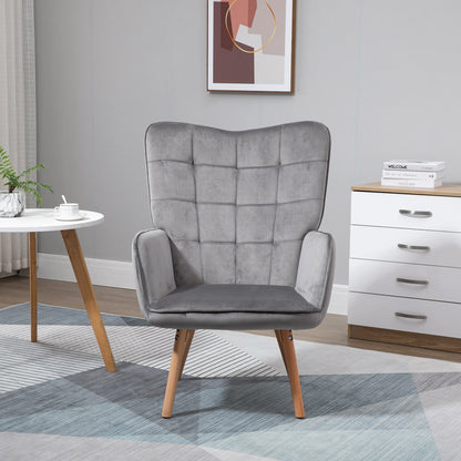 كرسي HOMCOM Modern Accent Chair بذراعين مبطن بمخمل ملمس مخملي مع مسند ظهر مجنح، كرسي صالة ترفيهي مبطن بأرجل خشبية، باللون الرمادي