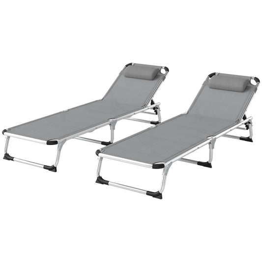 Outsunny Foldable Outdoor Sun Lounger Set of 2, Reclining Lounge Chair Camping Bed Cot with Pillow 4-Level Adjustable Back Aluminium Frame, Light Grey