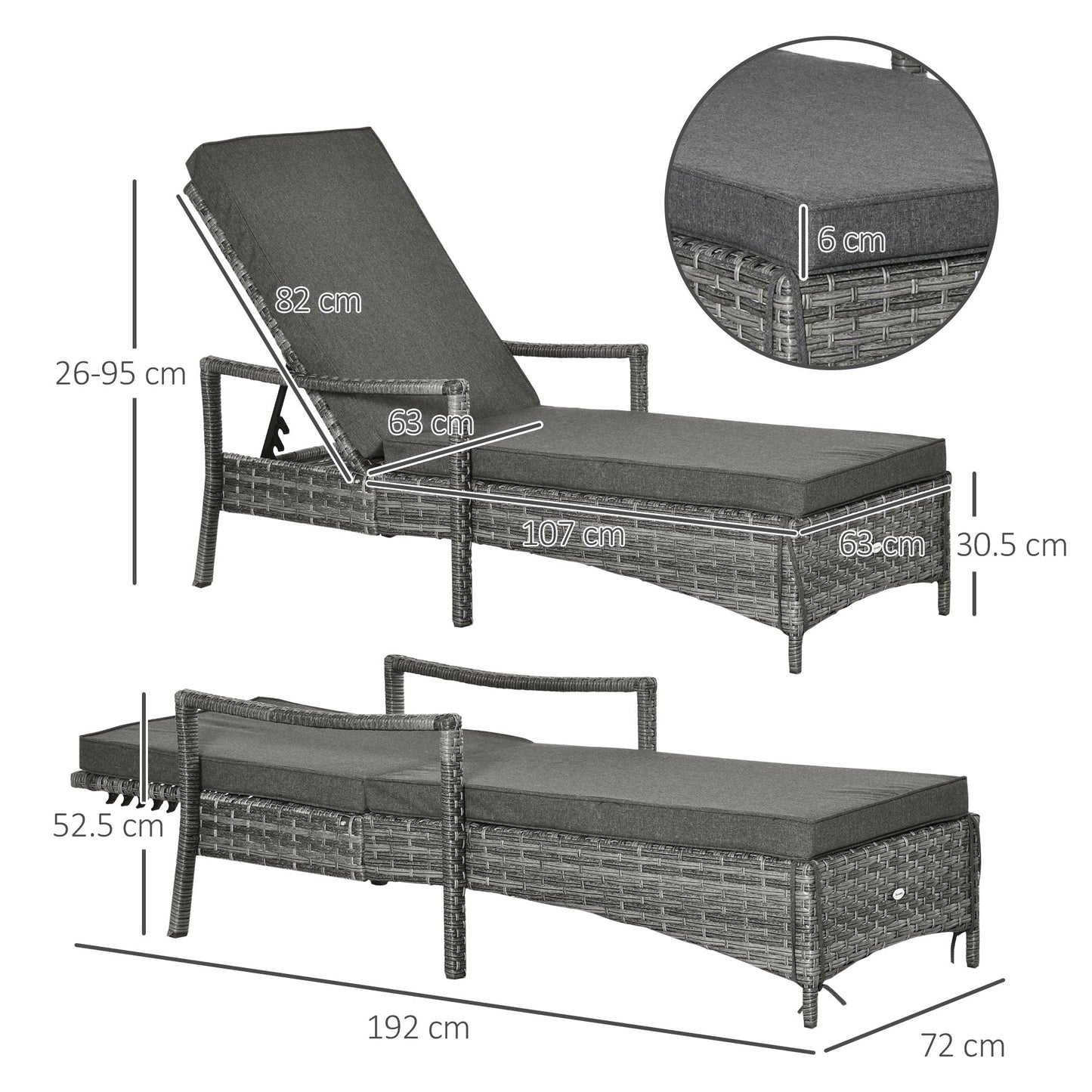 Outsunny Patio Rattan Sun Lounger, Dual Wicker Weave Outdoor Single Reclining Chair Furniture, 4-Level Adjustable Backrest w/ Removeable & Washable Cushion, Mixed Grey