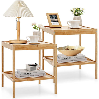2-tier Bamboo Bedside Tables Set of 2 with Storage Shelf-Natural