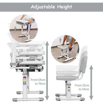 Height Adjustable Kids Study Desk Table Chair Set with Lamp-Grey