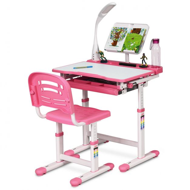Height Adjustable Kids Study Desk Table Chair Set with Lamp-Pink