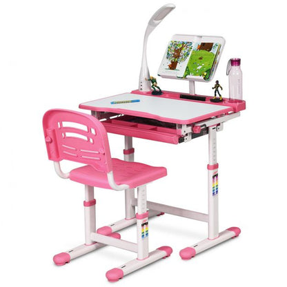 Height Adjustable Kids Study Desk Table Chair Set with Lamp-Pink
