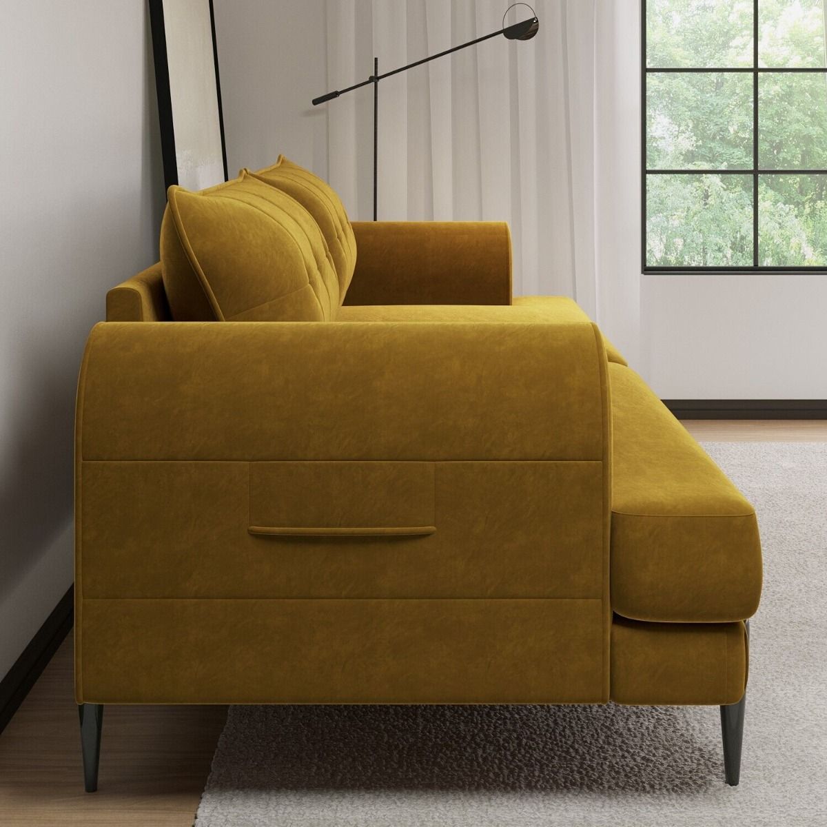 Basildon 3 Seater Velvet Fabric Sofa with Scatter Cushions - Mustard