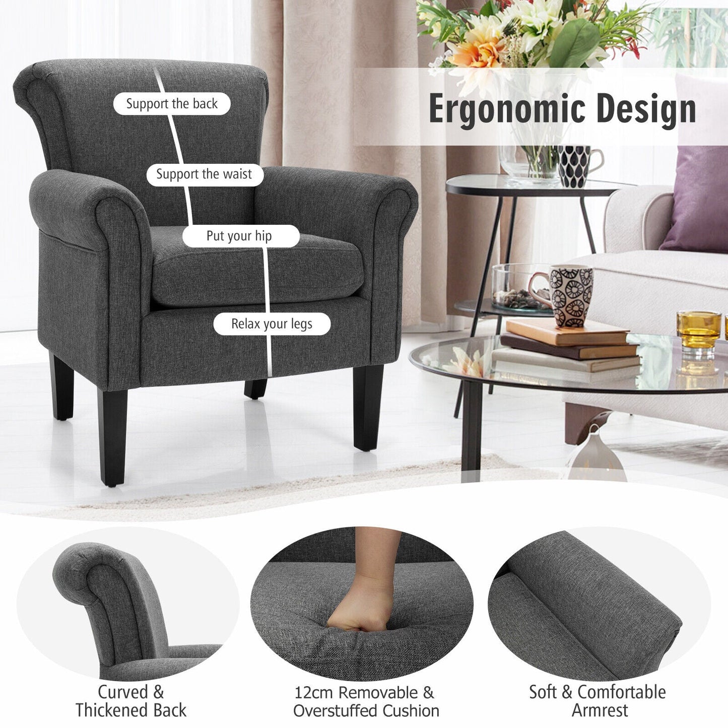 Upholstered Lounge Tub Armchair for Living Room Bedroom -Dark Grey