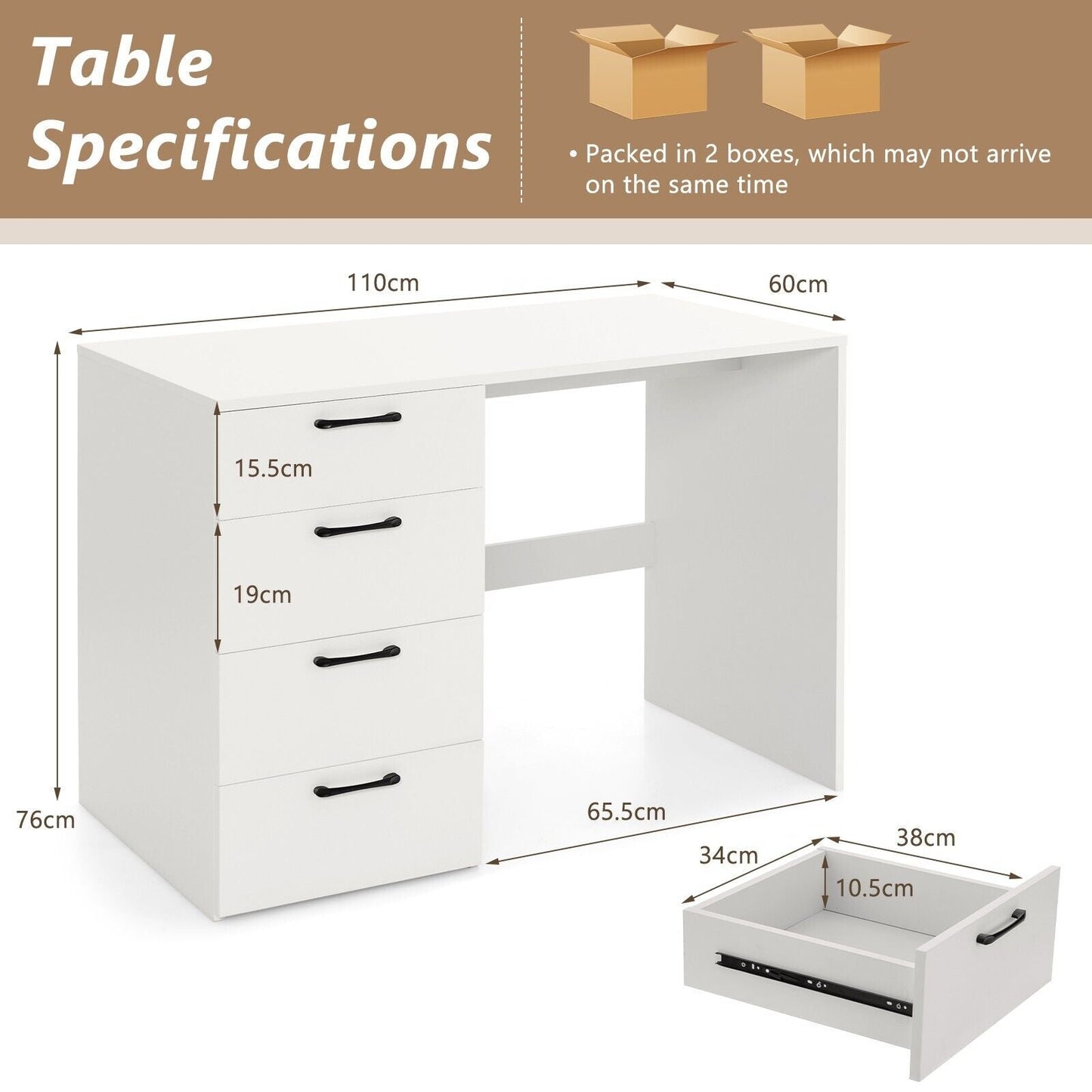 110 x 60 x 76cm Wooden Computer Desk with 4 Drawers-White