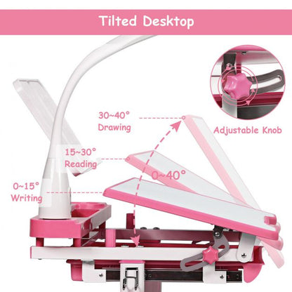 Height Adjustable Kids Study Desk Table Chair Set with Lamp-Pink