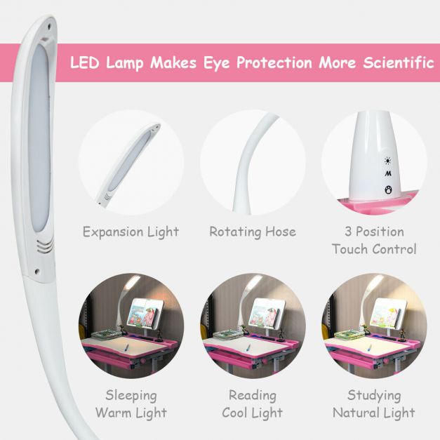 Height Adjustable Kids Study Desk Table Chair Set with Lamp-Pink