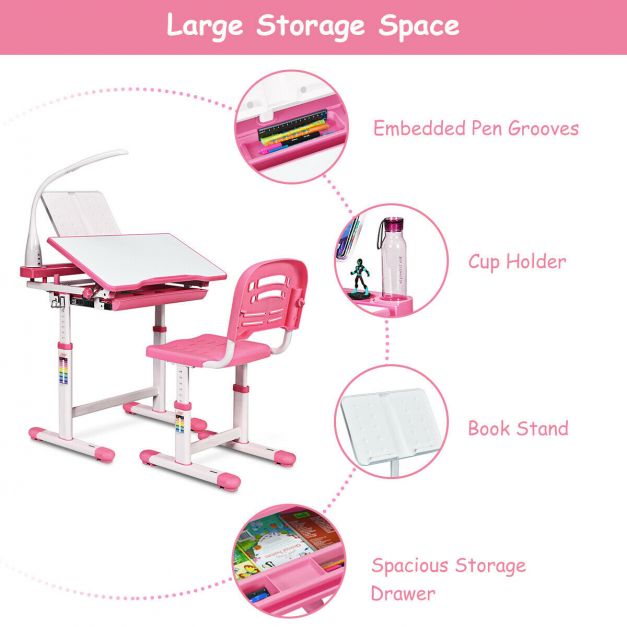 Height Adjustable Kids Study Desk Table Chair Set with Lamp-Pink