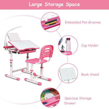 Height Adjustable Kids Study Desk Table Chair Set with Lamp-Pink