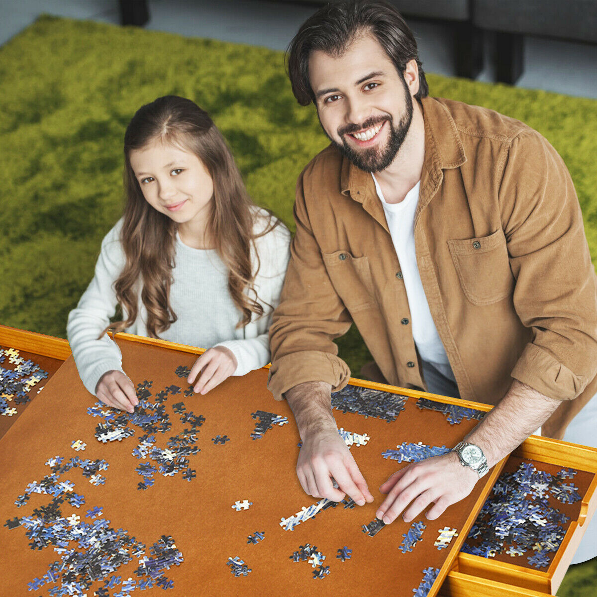 Wooden Jigsaw Puzzle Board with 4 Drawers