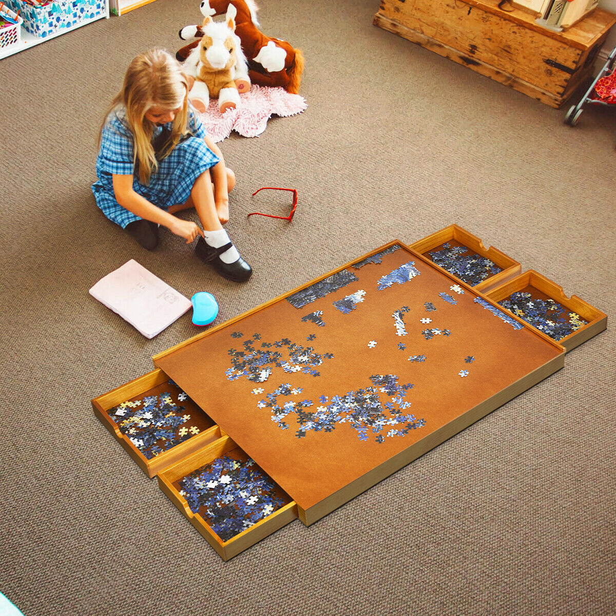 Wooden Jigsaw Puzzle Board with 4 Drawers