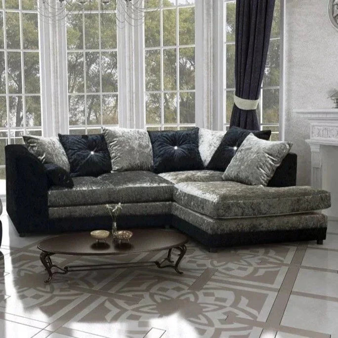 Serene Dual-Toned Crushed Velvet Corner Sofa Suite-Black and Silver or Brown and Mink