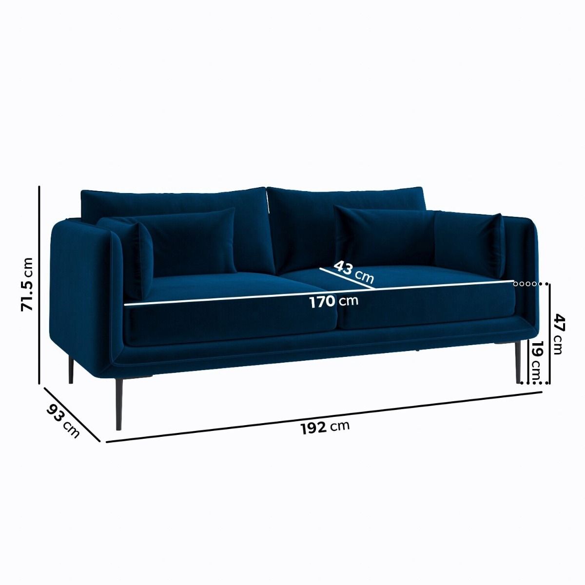 Basildon 3 Seater Velvet Fabric Sofa with Scatter Cushions - Navy Blue