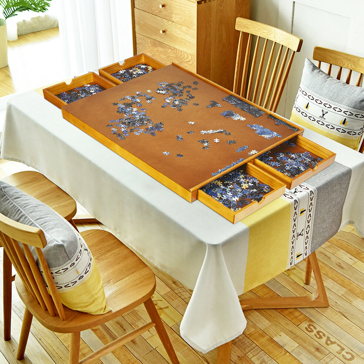 Wooden Jigsaw Puzzle Board with 4 Drawers