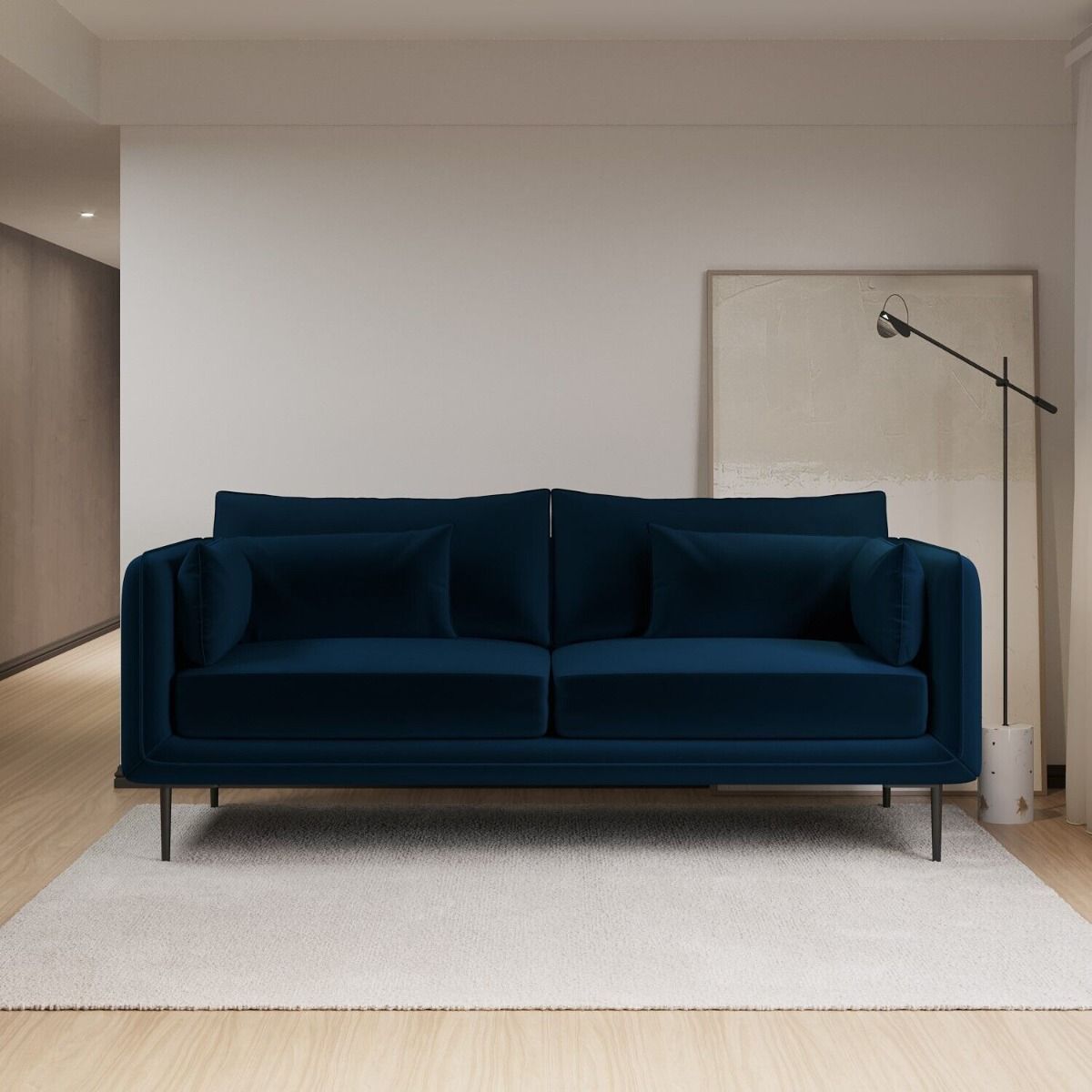 Basildon 3 Seater Velvet Fabric Sofa with Scatter Cushions - Navy Blue