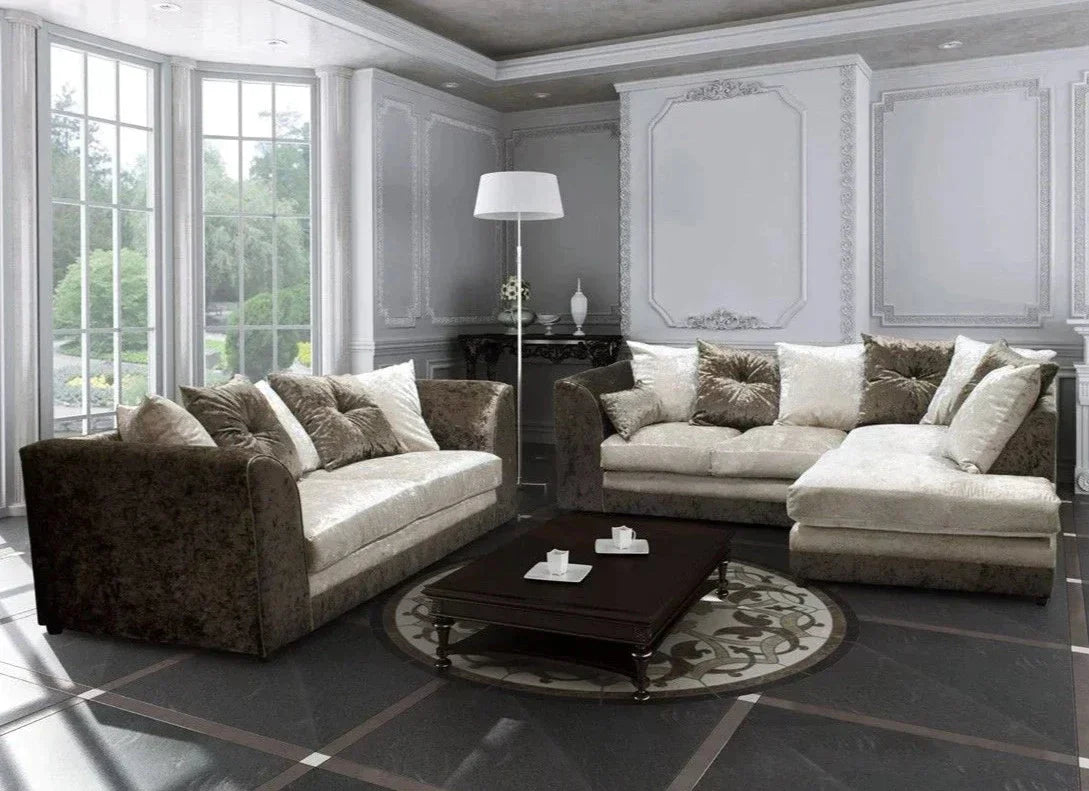 Serene Dual-Toned Crushed Velvet Corner Sofa Suite-Black and Silver or Brown and Mink