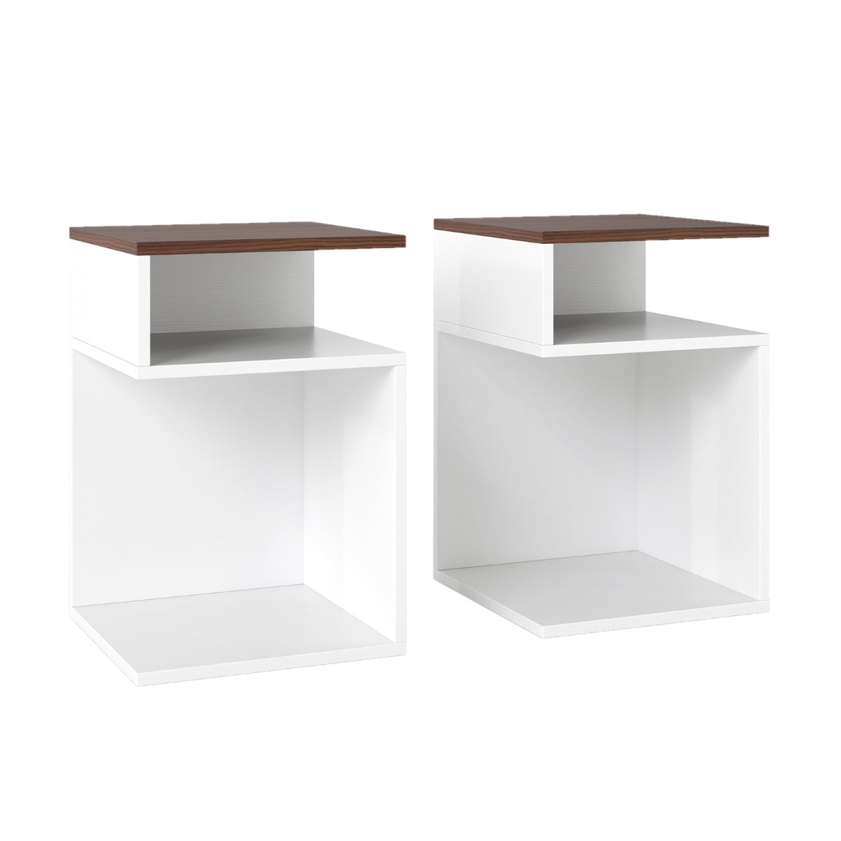 S-Shaped Side Table Set of 2 for Small Space with 2 Open Compartments-Walnut