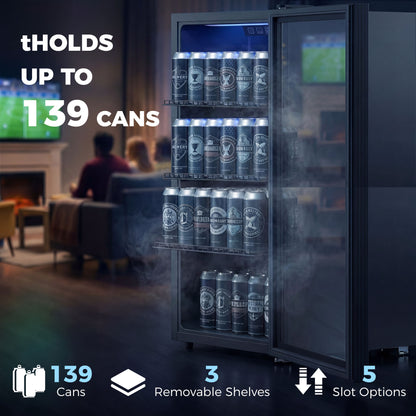 HOMCOM 90L Drinks Fridge, 139 Can Under Counter Freestanding Beer Fridge with LED Light