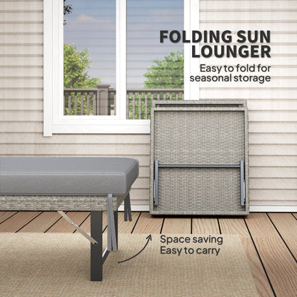 Outsunny Single Folding Rattan Sun Lounger, with Cushion - Grey