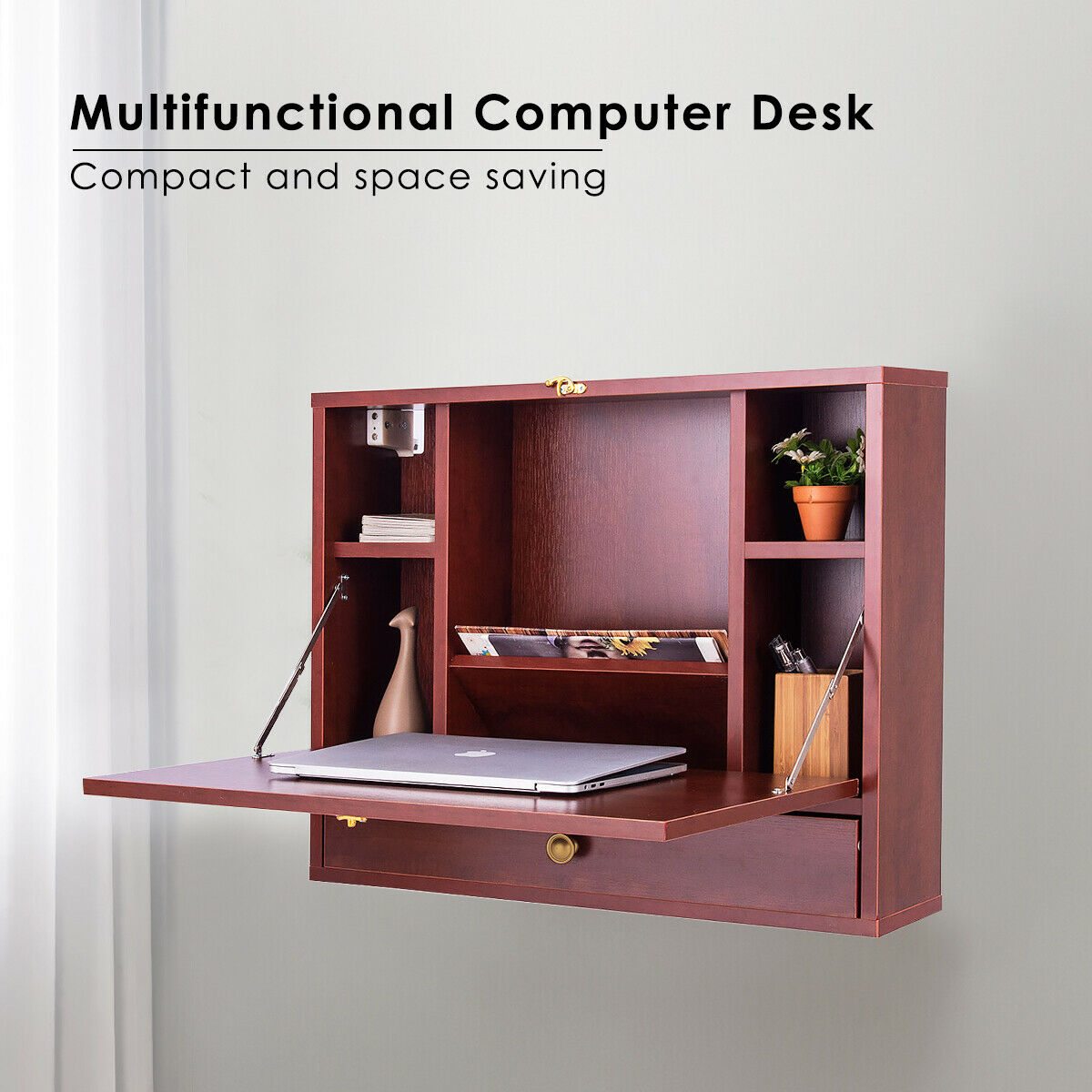 Wall Mounted Foldable Multi-functional desk Wooden Cabinet-Brown