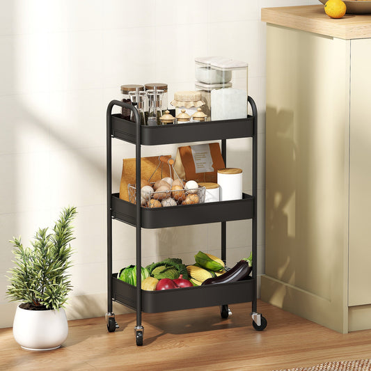 HOMCOM Three-Tier Steel Storage Trolley - Black