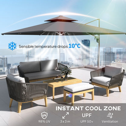 Outsunny 3(m) Parasol ogrodowy z wysięgnikiem i lampami LED zasilanymi energią słoneczną, podstawa krzyżowa, obrót 360√Ç¬∞, korba i pochylenie, szary