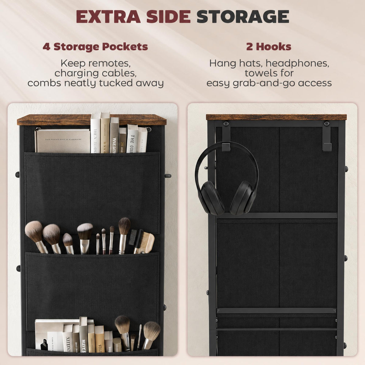 HOMCOM Chest of Drawers, Dresser for Bedroom with 8 Fabric Drawers, Tall Storage Unit w/ Side Storage Bag, Rustic Brown