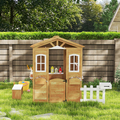 Outsunny Wooden Playhouse for Kids with Door, Windows, Mailbox, Flower Pot Holder, Serving Station, Bench for Children, Yellow