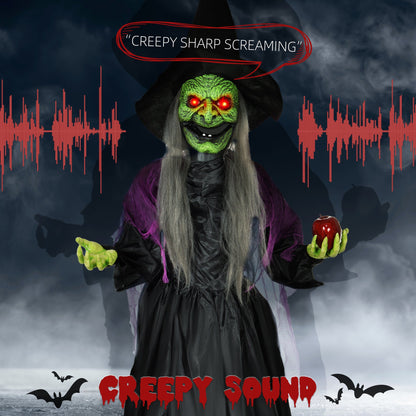 HOMCOM 180 cm Life Size Halloween Animated Standing Witch, Spooky Witch with Glowing LED Eyes, Battery Operated