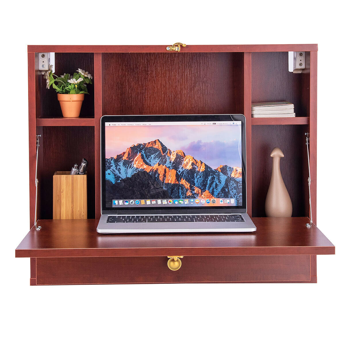 Wall Mounted Foldable Multi-functional desk Wooden Cabinet-Brown