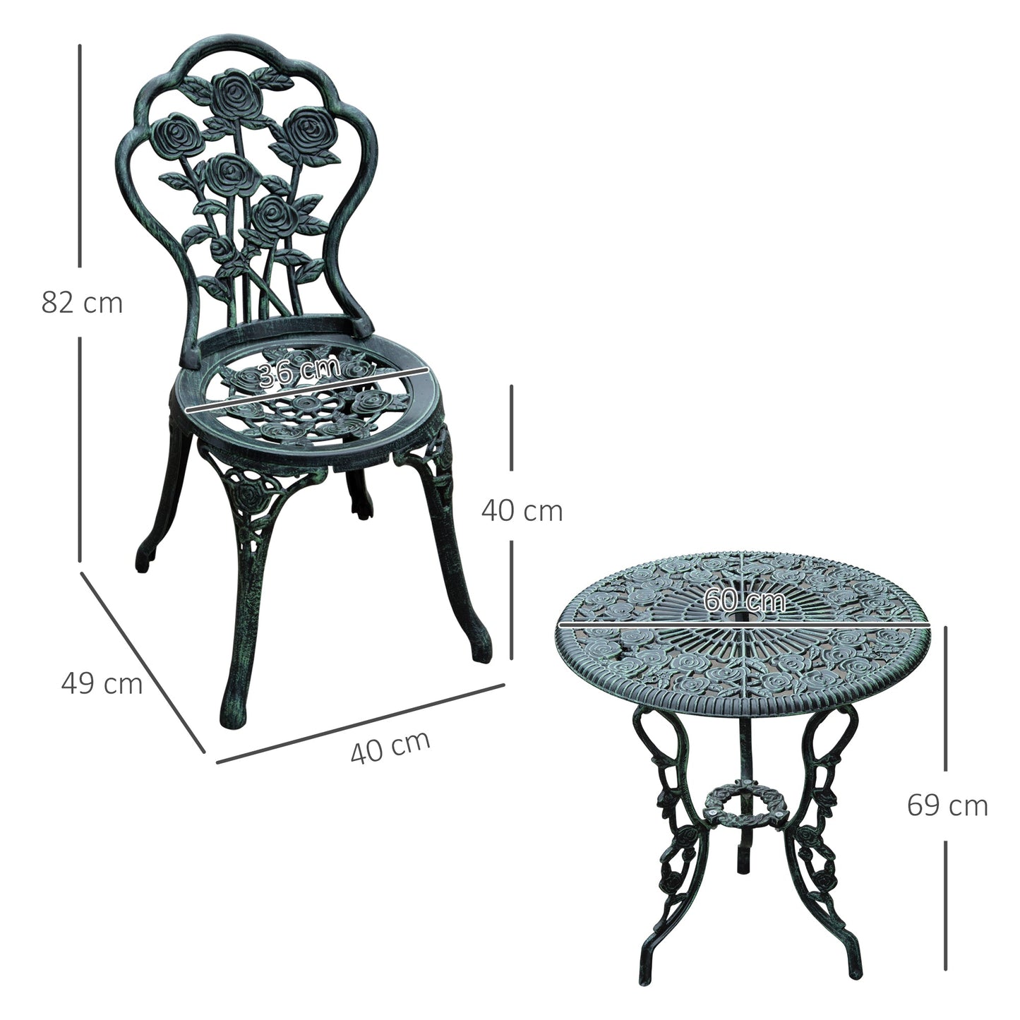 Outsunny Odlew aluminiowy Zestaw krzeseł ogrodowych na patio i do bistro Elegancki design - zielony (3 sztuki)